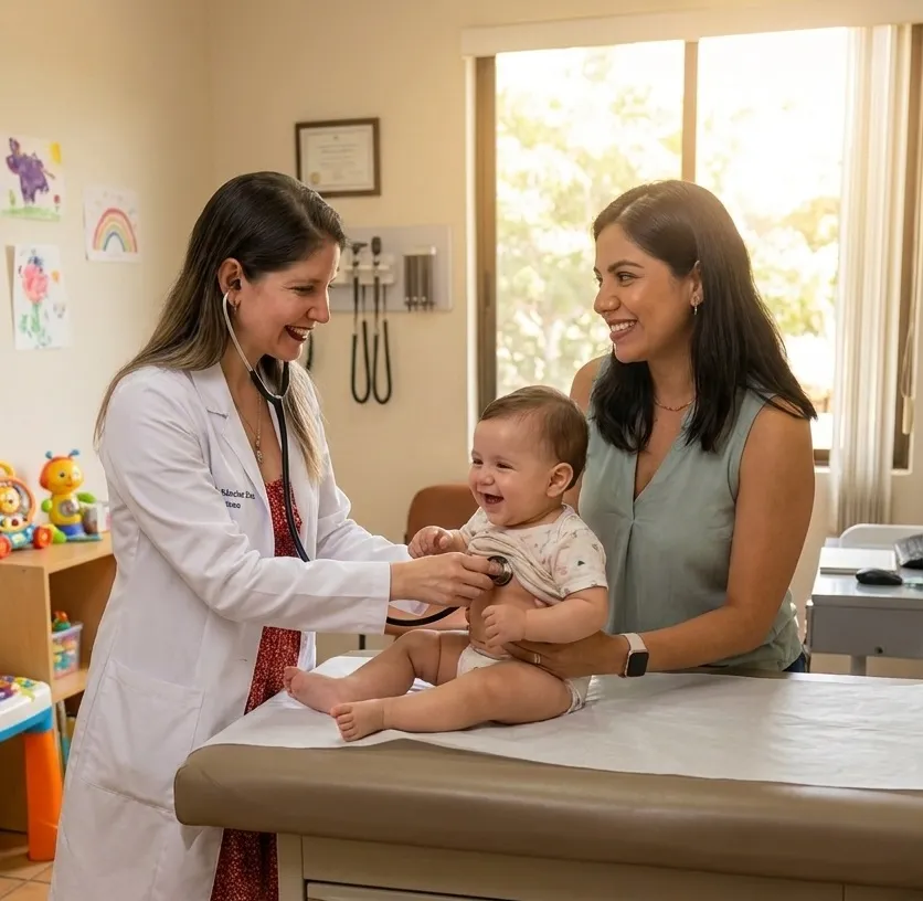 Dra. Ailén Sánchez Cruz auscultando a un bebé sonriente en brazos de su mamá, en un consultorio pediátrico cálido y de confianza